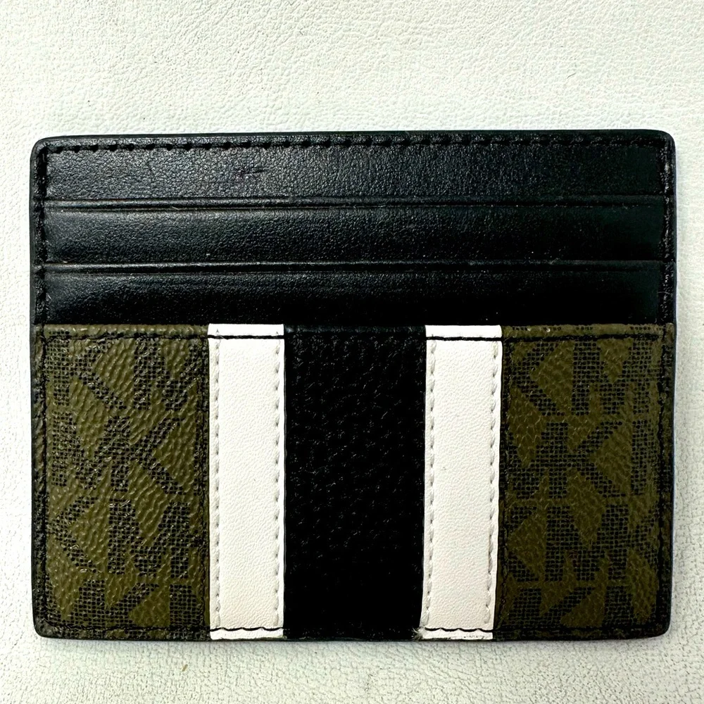 Michael Kors Hudson Logo Stripe Leather Card Case, Men's Size OS - Olive Green